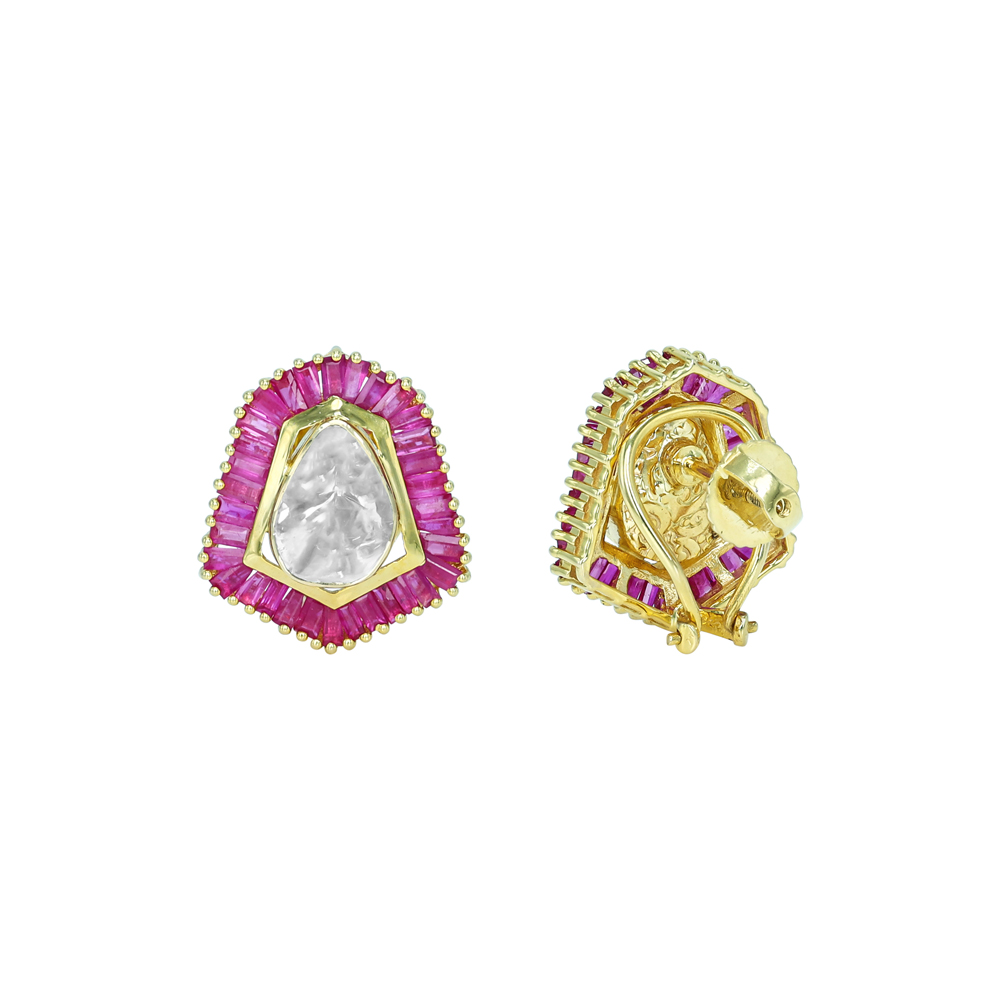 Geometric Polki Stud Earrings with Ruby Baguette Halo